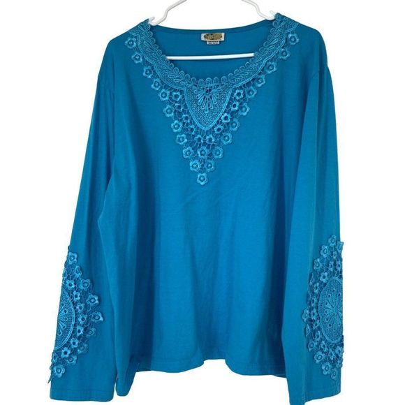 Womens Collections ETC Blue Embroider Lace Tshirt Top Long Sleeve XXL 3087 - Picture 3 of 8